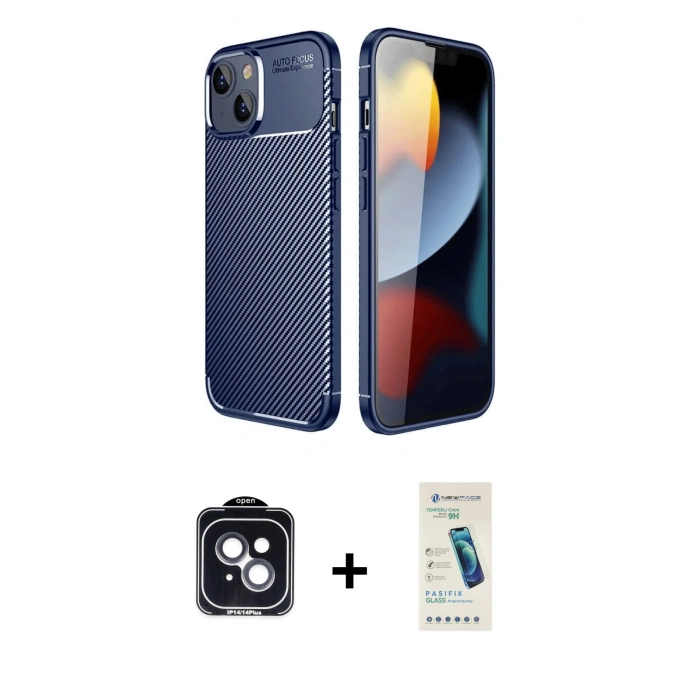 MARSİLYAN™- iPhone 14 Kılıf Eksen Form Prime - Şeffaf Pasifik Cam Ekran Koruyucu + PVD Metal Kamera Lens - SH