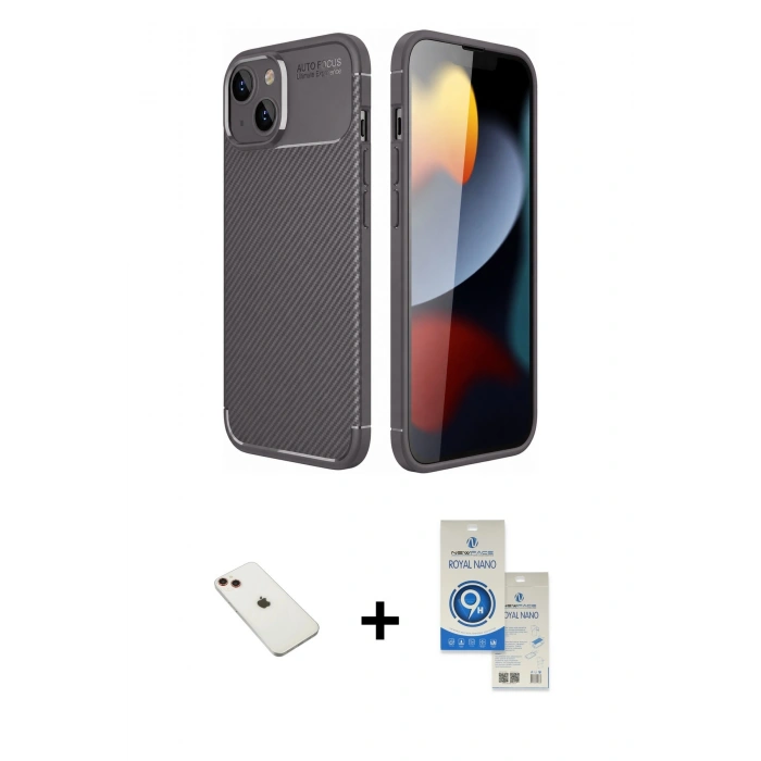 MARSİLYAN™- iPhone 14 Kılıf Eksen Form Prime - Şeffaf Royal Nano Ekran Koruyucu + Diamond Kamera Lens - KI