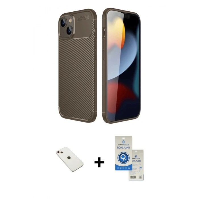 MARSİLYAN™- iPhone 14 Kılıf Eksen Form Prime - Şeffaf Royal Nano Ekran Koruyucu + Diamond Kamera Lens - PE