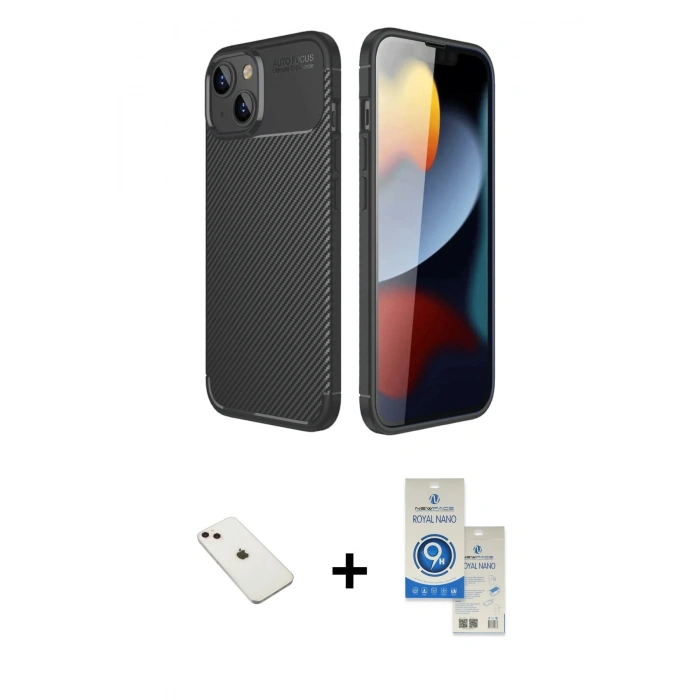 MARSİLYAN™- iPhone 14 Kılıf Eksen Form Prime - Şeffaf Royal Nano Ekran Koruyucu + Diamond Kamera Lens - PE