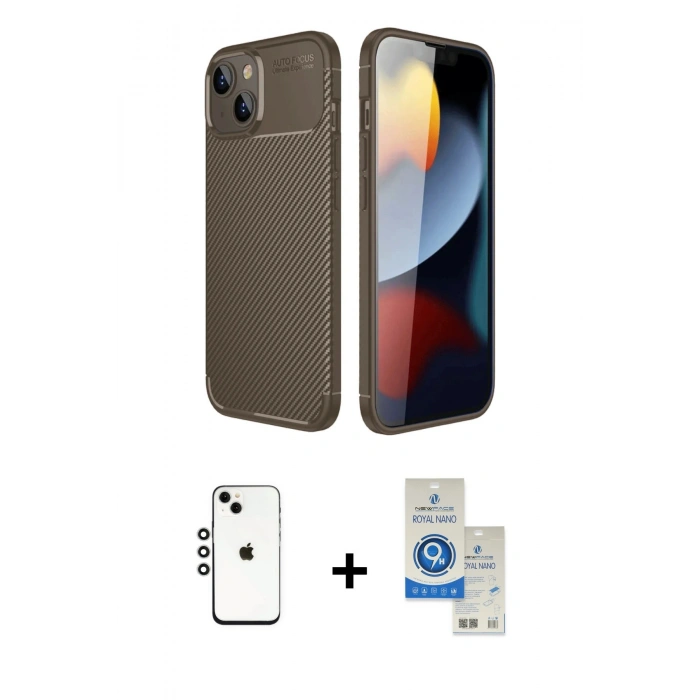 MARSİLYAN™- iPhone 14 Kılıf Eksen Form Prime - Şeffaf Royal Nano Ekran Koruyucu + Shine Kamera Lens - GS