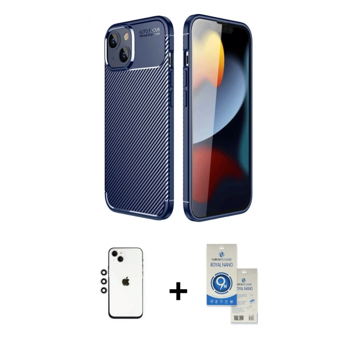 MARSİLYAN™- iPhone 14 Kılıf Eksen Form Prime - Şeffaf Royal Nano Ekran Koruyucu + Shine Kamera Lens - GS