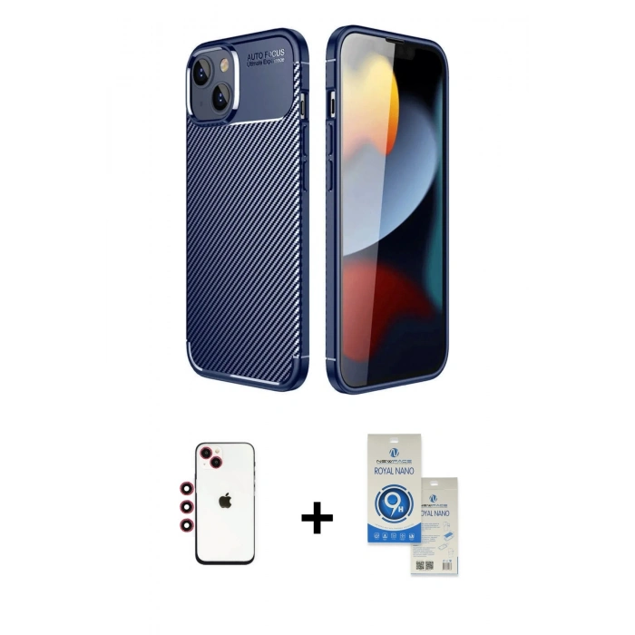 MARSİLYAN™- iPhone 14 Kılıf Eksen Form Prime - Şeffaf Royal Nano Ekran Koruyucu + Shine Kamera Lens - KI