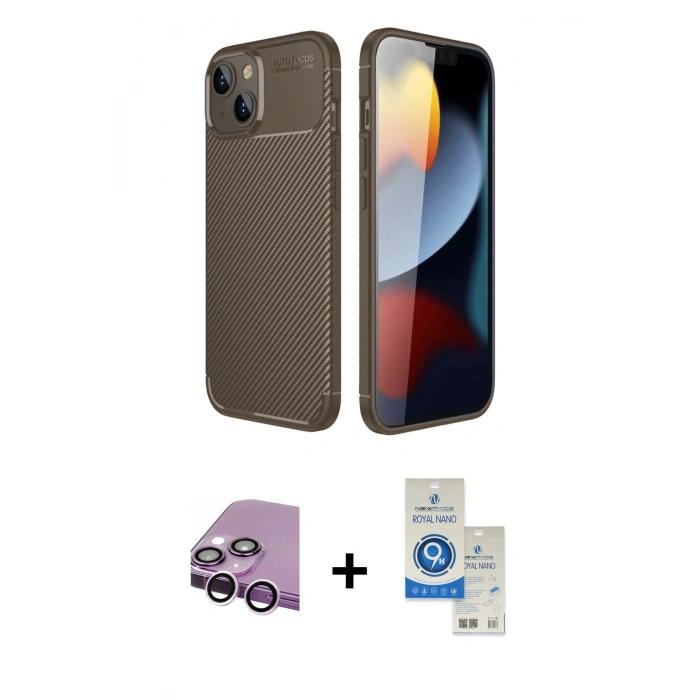 MARSİLYAN™- iPhone 14 Kılıf Eksen Form Prime - Şeffaf Royal Nano Ekran Koruyucu + Raze Metal Kamera Lens - MR