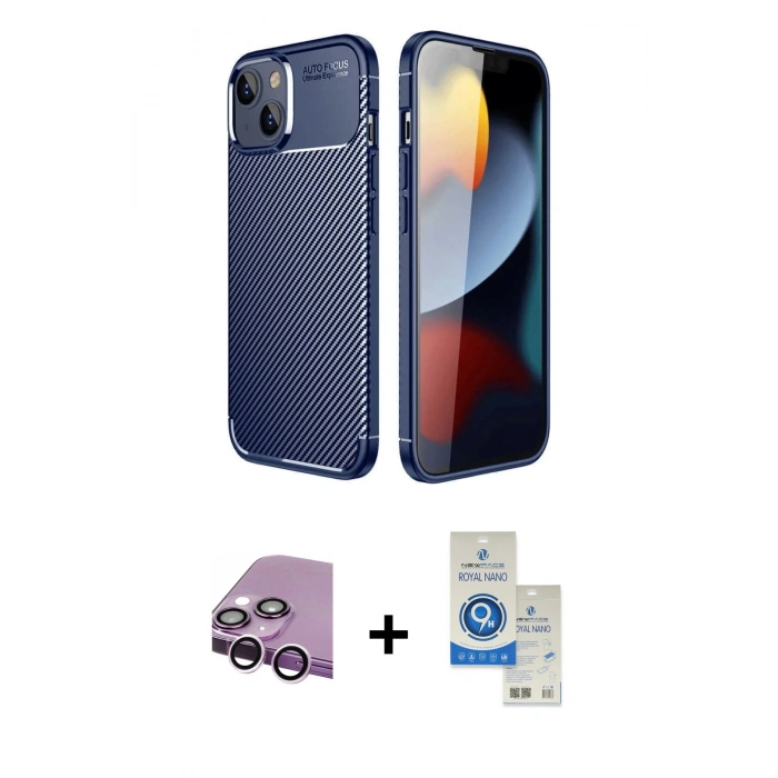 MARSİLYAN™- iPhone 14 Kılıf Eksen Form Prime - Şeffaf Royal Nano Ekran Koruyucu + Raze Metal Kamera Lens - MR