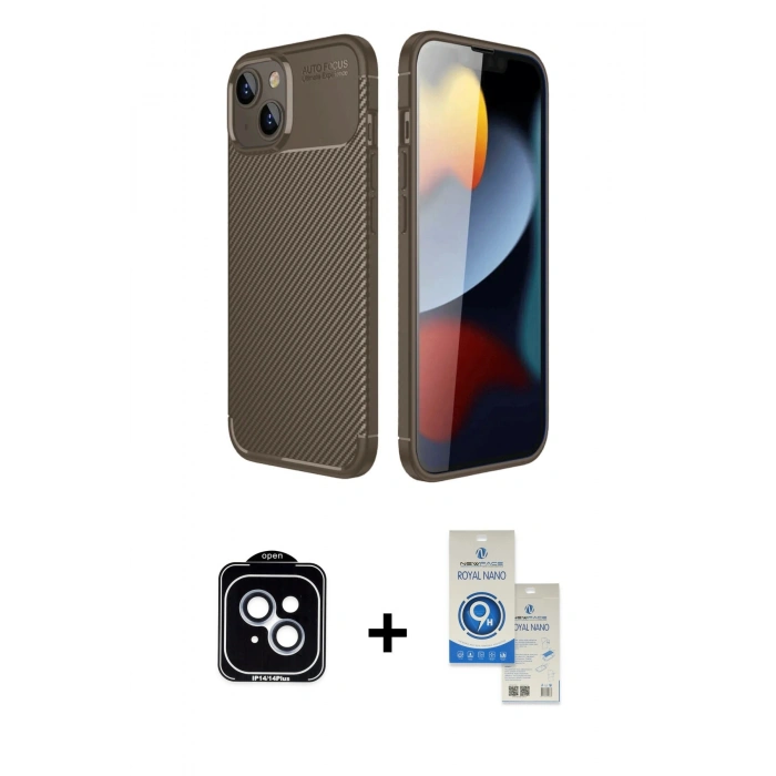 MARSİLYAN™- iPhone 14 Kılıf Eksen Form Prime - Şeffaf Royal Nano Ekran Koruyucu + PVD Metal Kamera Lens - MI