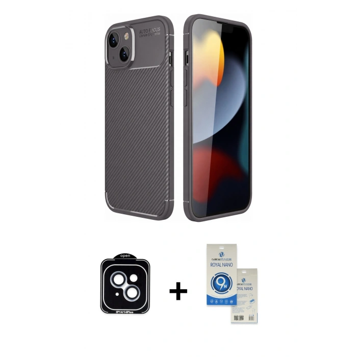 MARSİLYAN™- iPhone 14 Kılıf Eksen Form Prime - Şeffaf Royal Nano Ekran Koruyucu + PVD Metal Kamera Lens - MI