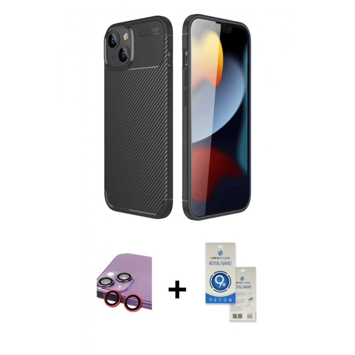 MARSİLYAN™- iPhone 14 Kılıf Eksen Form Prime - Şeffaf Royal Nano Ekran Koruyucu + Raze Metal Kamera Lens - KI