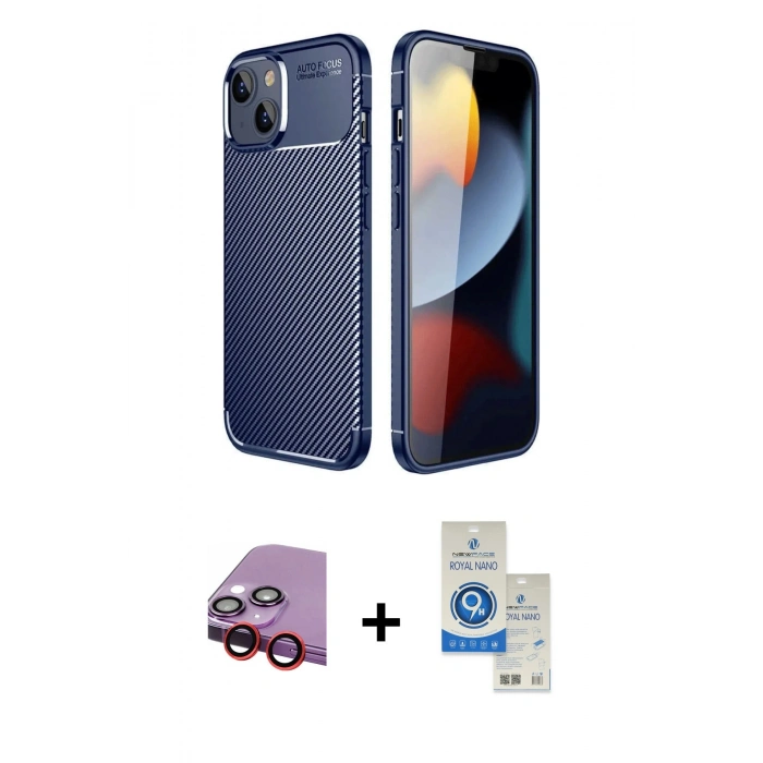 MARSİLYAN™- iPhone 14 Kılıf Eksen Form Prime - Şeffaf Royal Nano Ekran Koruyucu + Raze Metal Kamera Lens - KI