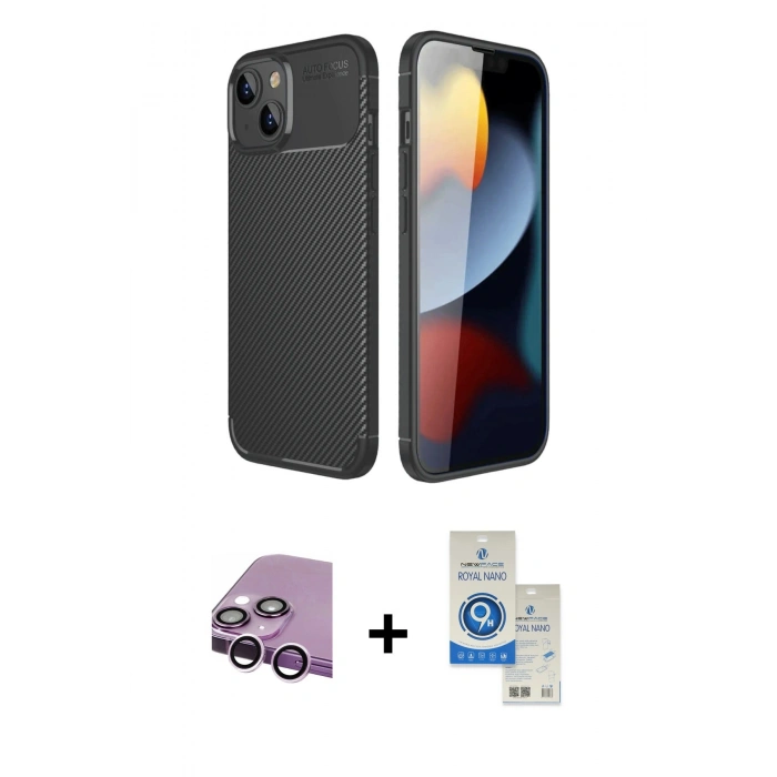 MARSİLYAN™- iPhone 14 Kılıf Eksen Form Prime - Şeffaf Royal Nano Ekran Koruyucu + Raze Metal Kamera Lens - MR