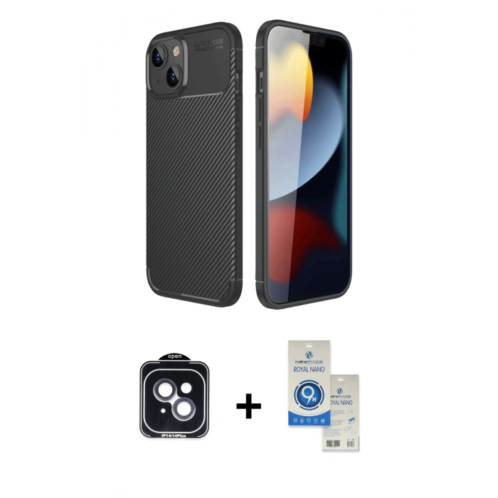 MARSİLYAN™- iPhone 14 Kılıf Eksen Form Prime - Şeffaf Royal Nano Ekran Koruyucu + PVD Metal Kamera Lens - SH