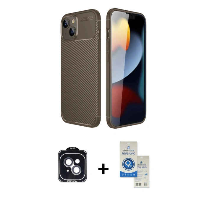 MARSİLYAN™- iPhone 14 Kılıf Eksen Form Prime - Şeffaf Royal Nano Ekran Koruyucu + PVD Metal Kamera Lens - SH