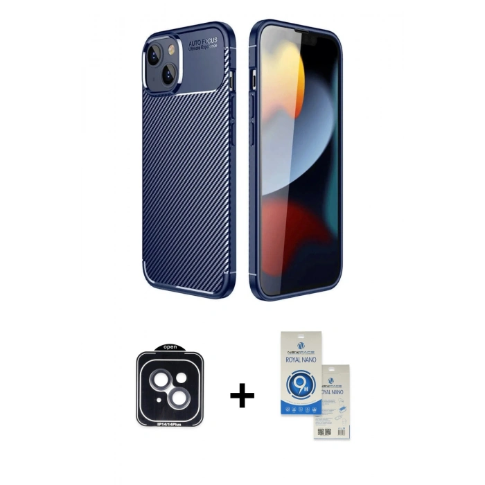 MARSİLYAN™- iPhone 14 Kılıf Eksen Form Prime - Şeffaf Royal Nano Ekran Koruyucu + PVD Metal Kamera Lens - SH