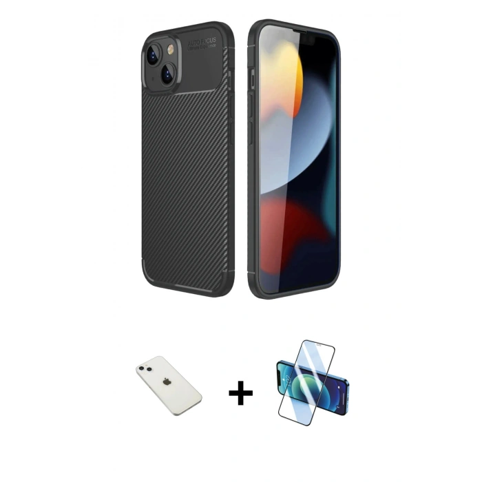 MARSİLYAN™- iPhone 14 Kılıf Eksen Form Prime - Siyah 3D Antistatik Cam Ekran Koruyucu + Diamond Kamera Lens - SABE