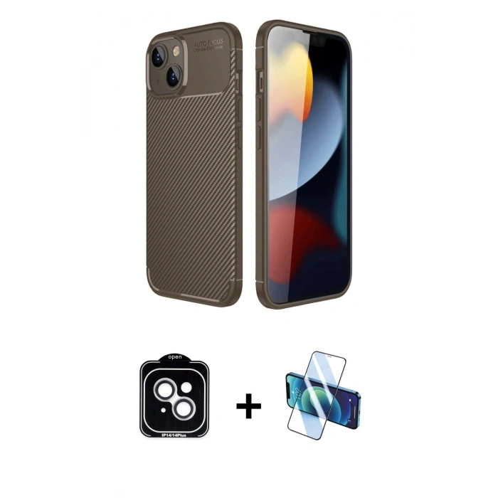 MARSİLYAN™- iPhone 14 Kılıf Eksen Form Prime - Siyah 3D Antistatik Cam Ekran Koruyucu + PVD Metal Kamera Lens - GS