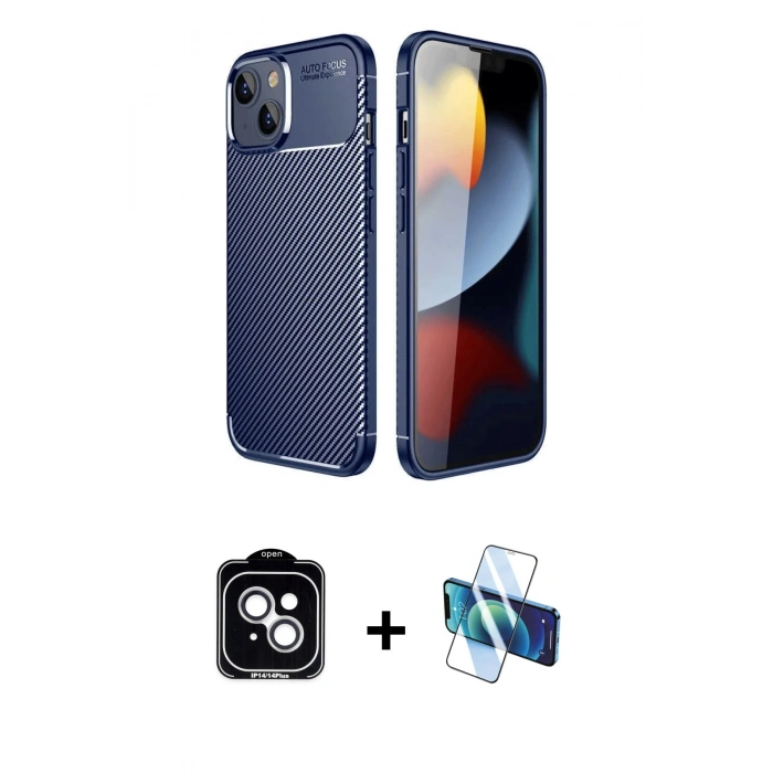 MARSİLYAN™- iPhone 14 Kılıf Eksen Form Prime - Siyah 3D Antistatik Cam Ekran Koruyucu + PVD Metal Kamera Lens - GS