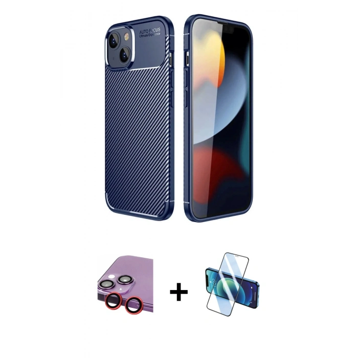 MARSİLYAN™- iPhone 14 Kılıf Eksen Form Prime - Siyah 3D Antistatik Cam Ekran Koruyucu + Raze Metal Kamera Lens - KI