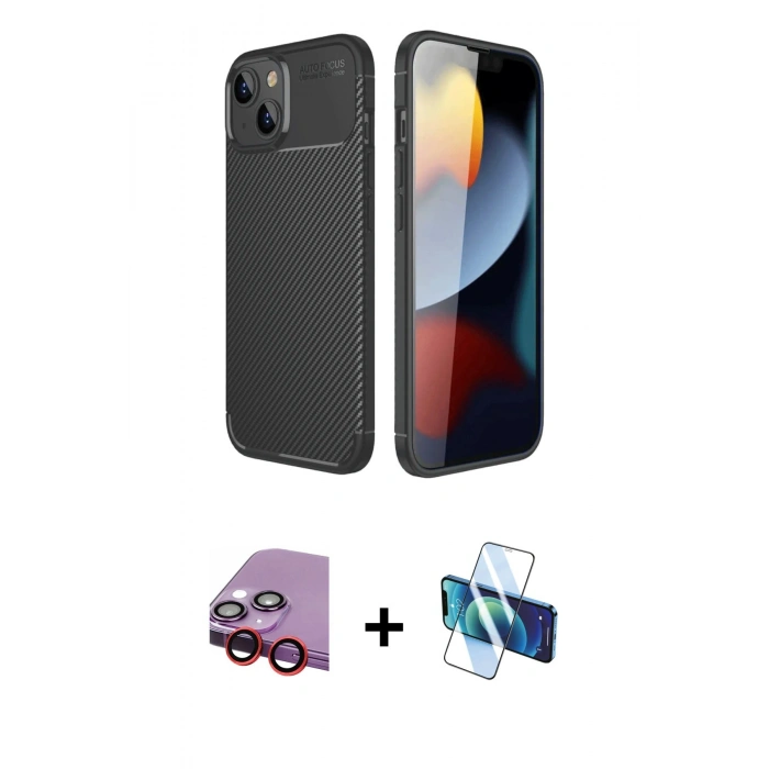 MARSİLYAN™- iPhone 14 Kılıf Eksen Form Prime - Siyah 3D Antistatik Cam Ekran Koruyucu + Raze Metal Kamera Lens - KI