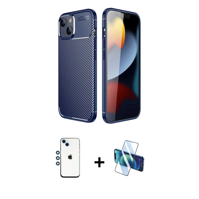 MARSİLYAN™- iPhone 14 Kılıf Eksen Form Prime - Siyah 3D Antistatik Cam Ekran Koruyucu + Shine Kamera Lens - MI