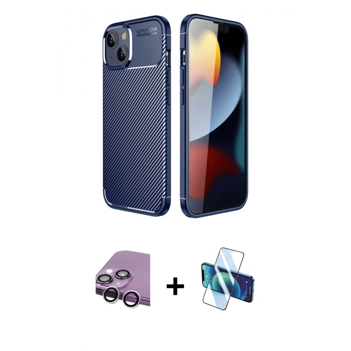 MARSİLYAN™- iPhone 14 Kılıf Eksen Form Prime - Siyah 3D Antistatik Cam Ekran Koruyucu + Raze Metal Kamera Lens - GS