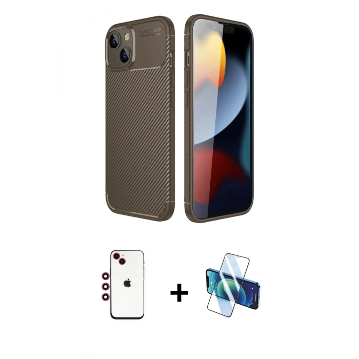 MARSİLYAN™- iPhone 14 Kılıf Eksen Form Prime - Siyah 3D Antistatik Cam Ekran Koruyucu + Shine Kamera Lens - KI