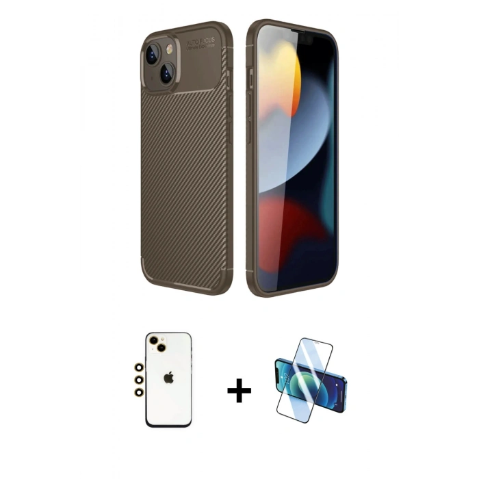MARSİLYAN™- iPhone 14 Kılıf Eksen Form Prime - Siyah 3D Antistatik Cam Ekran Koruyucu + Shine Kamera Lens - GD