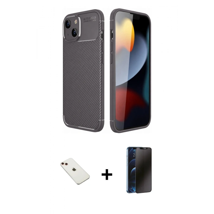 MARSİLYAN™- iPhone 14 Kılıf Eksen Form Prime - Siyah 3D Antistatik Hayalet Cam Ekran Koruyucu + Diamond Kamera Lens - KI