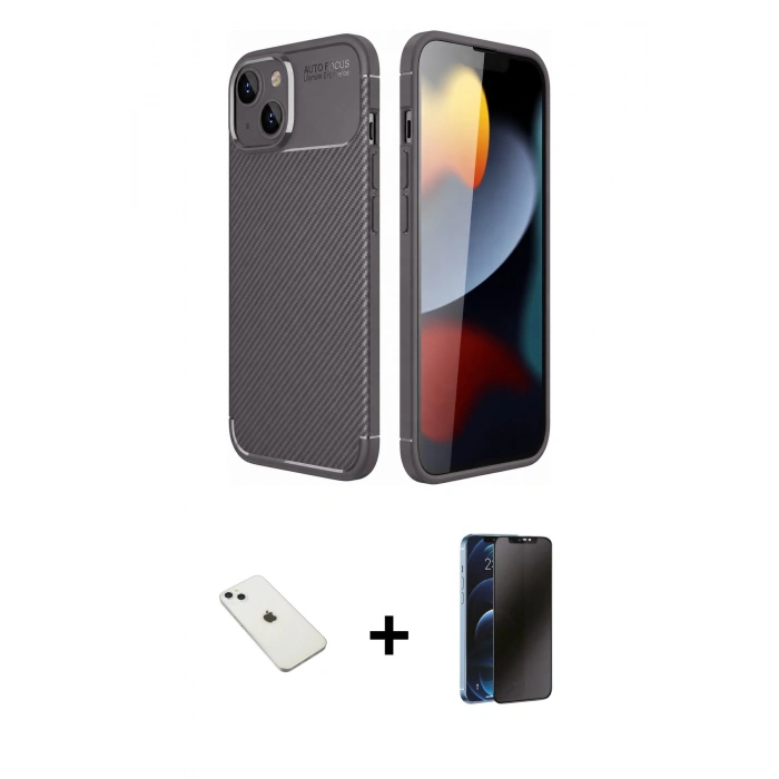 MARSİLYAN™- iPhone 14 Kılıf Eksen Form Prime - Siyah 3D Antistatik Hayalet Cam Ekran Koruyucu + Diamond Kamera Lens - SABE