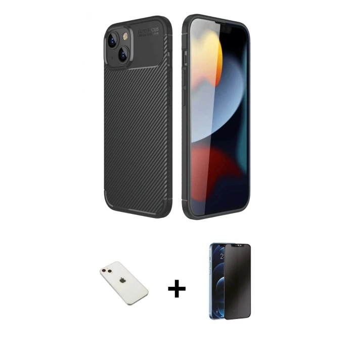 MARSİLYAN™- iPhone 14 Kılıf Eksen Form Prime - Siyah 3D Antistatik Hayalet Cam Ekran Koruyucu + Diamond Kamera Lens - PE