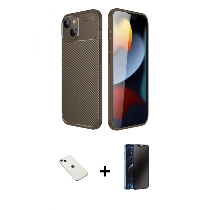 MARSİLYAN™- iPhone 14 Kılıf Eksen Form Prime - Siyah 3D Antistatik Hayalet Cam Ekran Koruyucu + Diamond Kamera Lens - KI