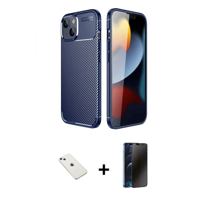 MARSİLYAN™- iPhone 14 Kılıf Eksen Form Prime - Siyah 3D Antistatik Hayalet Cam Ekran Koruyucu + Diamond Kamera Lens - PE