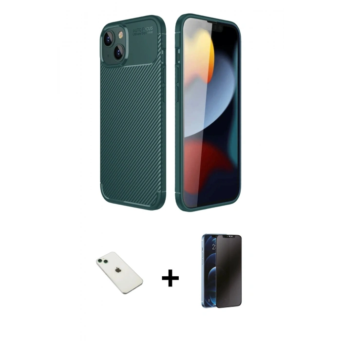 MARSİLYAN™- iPhone 14 Kılıf Eksen Form Prime - Siyah 3D Antistatik Hayalet Cam Ekran Koruyucu + Diamond Kamera Lens - YL