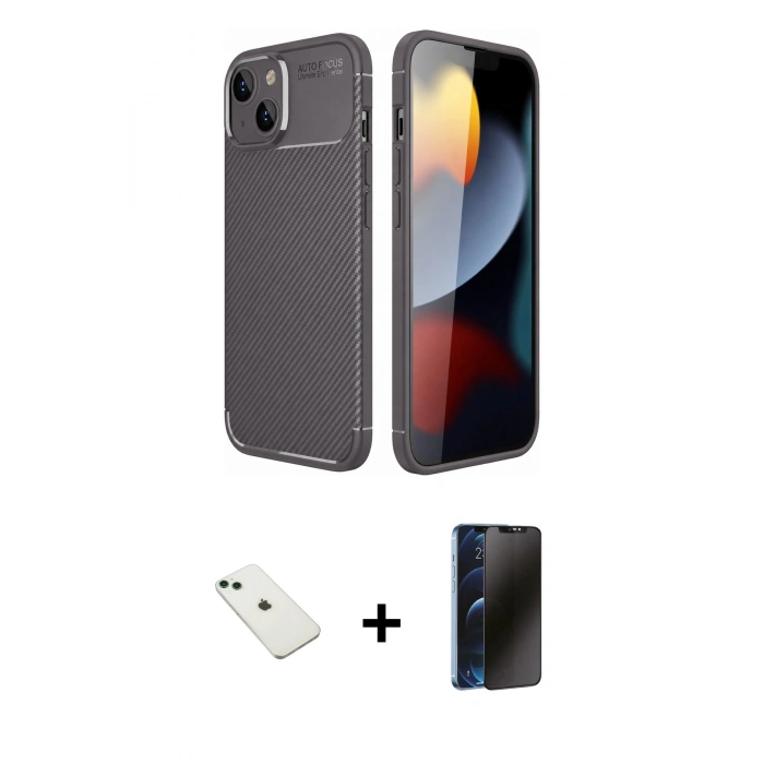 MARSİLYAN™- iPhone 14 Kılıf Eksen Form Prime - Siyah 3D Antistatik Hayalet Cam Ekran Koruyucu + Diamond Kamera Lens - YL