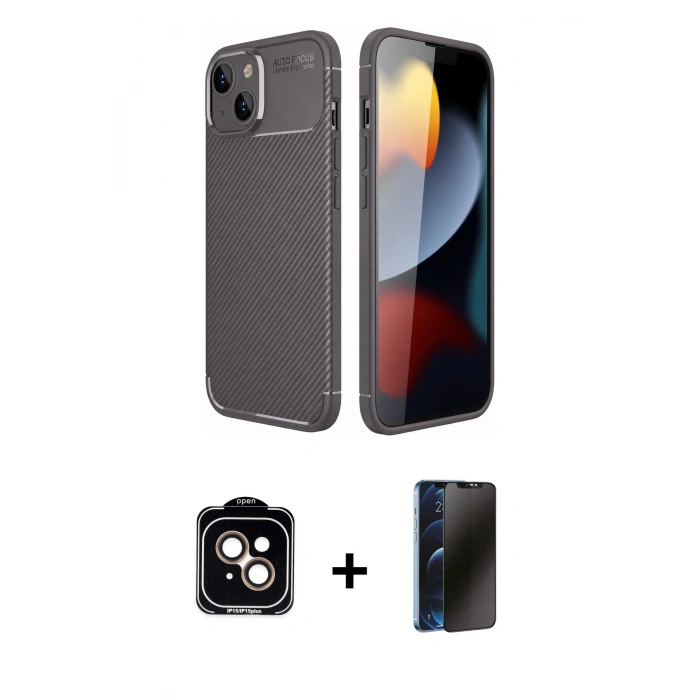 MARSİLYAN™- iPhone 14 Kılıf Eksen Form Prime - Siyah 3D Antistatik Hayalet Cam Ekran Koruyucu + PVD Metal Kamera Lens - TU
