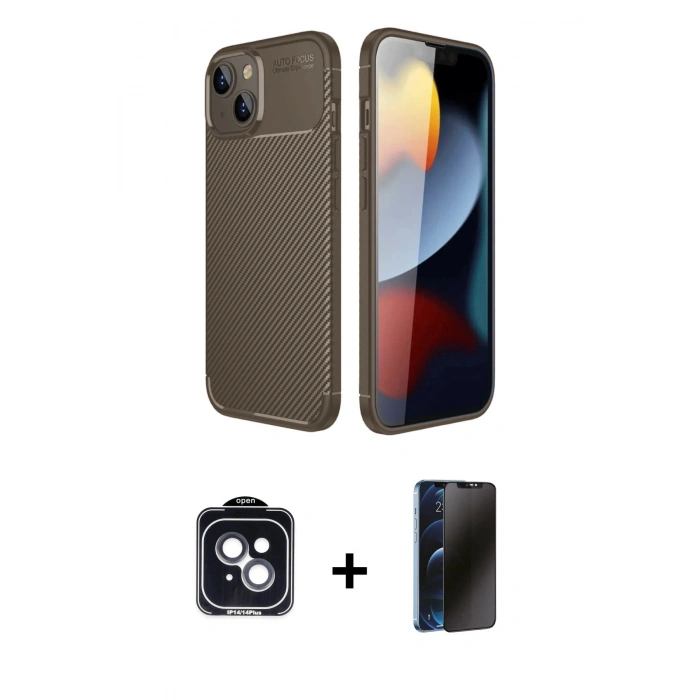 MARSİLYAN™- iPhone 14 Kılıf Eksen Form Prime - Siyah 3D Antistatik Hayalet Cam Ekran Koruyucu + PVD Metal Kamera Lens - SH