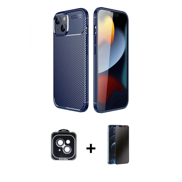 MARSİLYAN™- iPhone 14 Kılıf Eksen Form Prime - Siyah 3D Antistatik Hayalet Cam Ekran Koruyucu + PVD Metal Kamera Lens - SH
