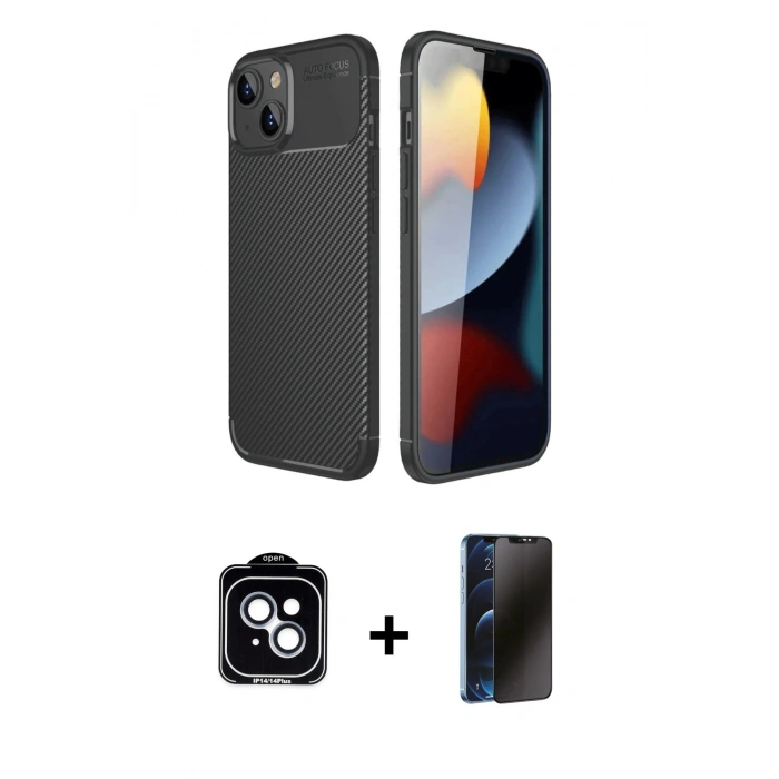 MARSİLYAN™- iPhone 14 Kılıf Eksen Form Prime - Siyah 3D Antistatik Hayalet Cam Ekran Koruyucu + PVD Metal Kamera Lens - MI