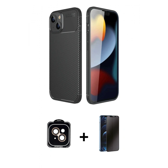 MARSİLYAN™- iPhone 14 Kılıf Eksen Form Prime - Siyah 3D Antistatik Hayalet Cam Ekran Koruyucu + PVD Metal Kamera Lens - TU
