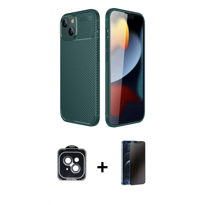 MARSİLYAN™- iPhone 14 Kılıf Eksen Form Prime - Siyah 3D Antistatik Hayalet Cam Ekran Koruyucu + PVD Metal Kamera Lens - SH