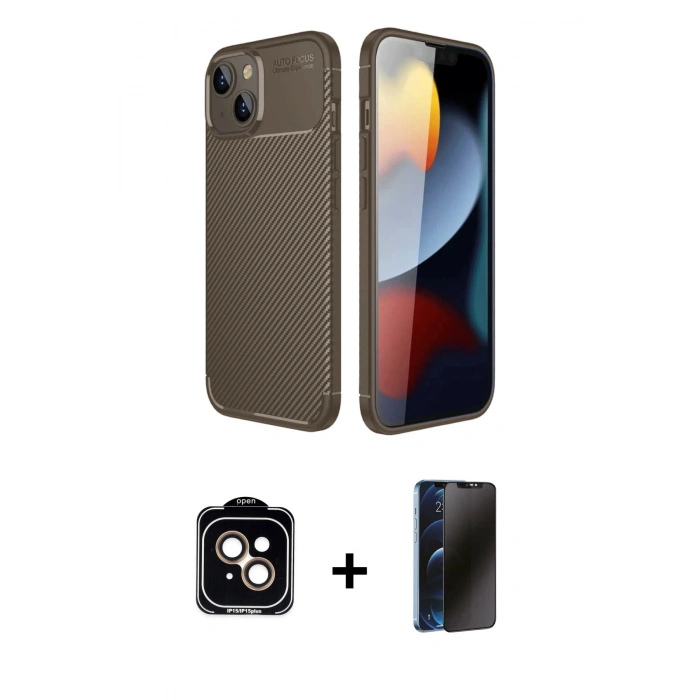 MARSİLYAN™- iPhone 14 Kılıf Eksen Form Prime - Siyah 3D Antistatik Hayalet Cam Ekran Koruyucu + PVD Metal Kamera Lens - TU