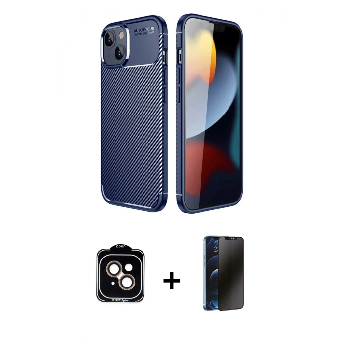 MARSİLYAN™- iPhone 14 Kılıf Eksen Form Prime - Siyah 3D Antistatik Hayalet Cam Ekran Koruyucu + PVD Metal Kamera Lens - TU