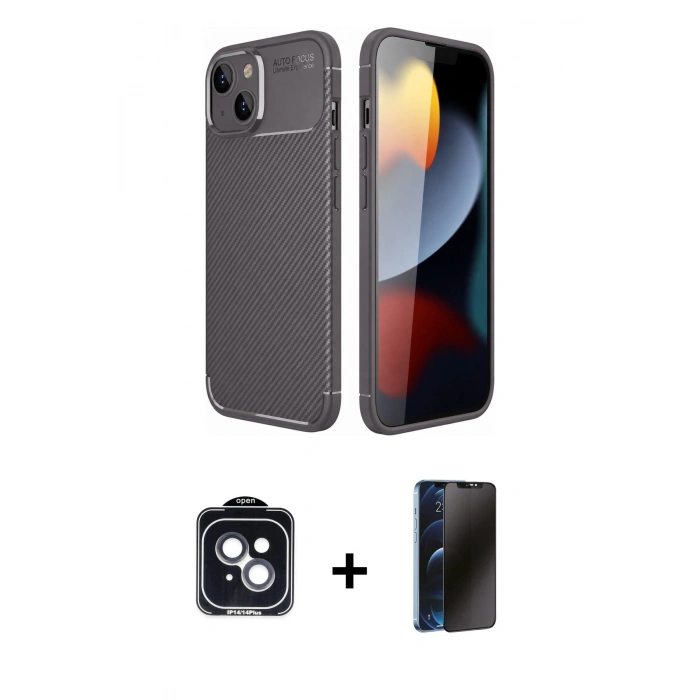 MARSİLYAN™- iPhone 14 Kılıf Eksen Form Prime - Siyah 3D Antistatik Hayalet Cam Ekran Koruyucu + PVD Metal Kamera Lens - SH