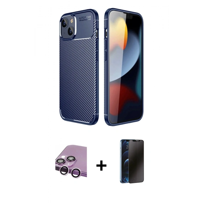 MARSİLYAN™- iPhone 14 Kılıf Eksen Form Prime - Siyah 3D Antistatik Hayalet Cam Ekran Koruyucu + Raze Metal Kamera Lens - MR