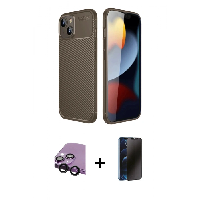 MARSİLYAN™- iPhone 14 Kılıf Eksen Form Prime - Siyah 3D Antistatik Hayalet Cam Ekran Koruyucu + Raze Metal Kamera Lens - SH