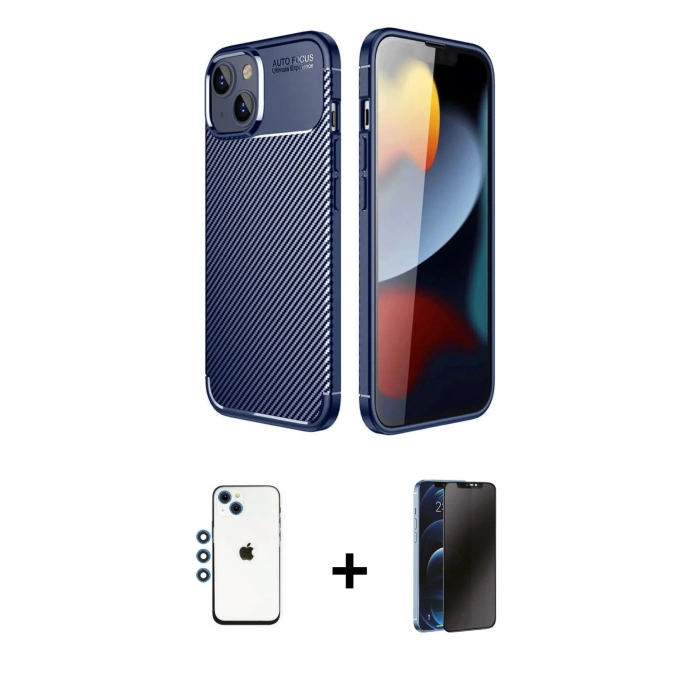 MARSİLYAN™- iPhone 14 Kılıf Eksen Form Prime - Siyah 3D Antistatik Hayalet Cam Ekran Koruyucu + Shine Kamera Lens - MI