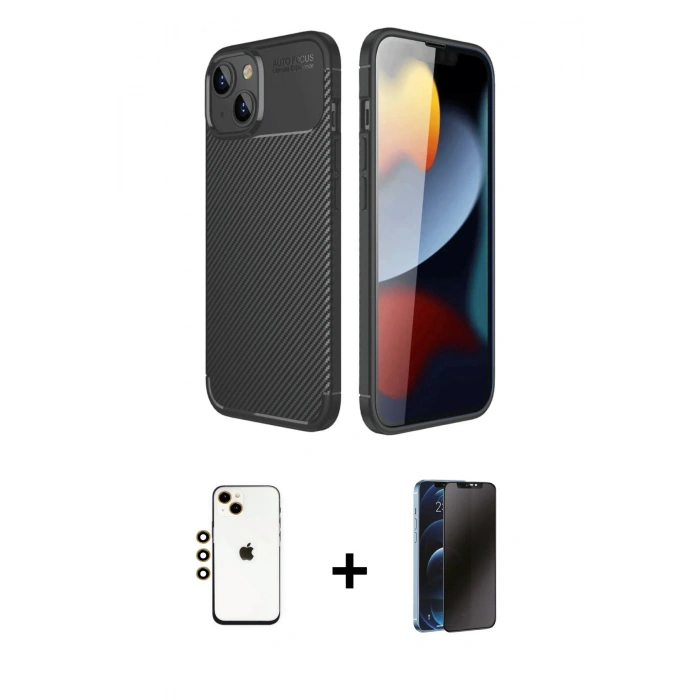 MARSİLYAN™- iPhone 14 Kılıf Eksen Form Prime - Siyah 3D Antistatik Hayalet Cam Ekran Koruyucu + Shine Kamera Lens - GD