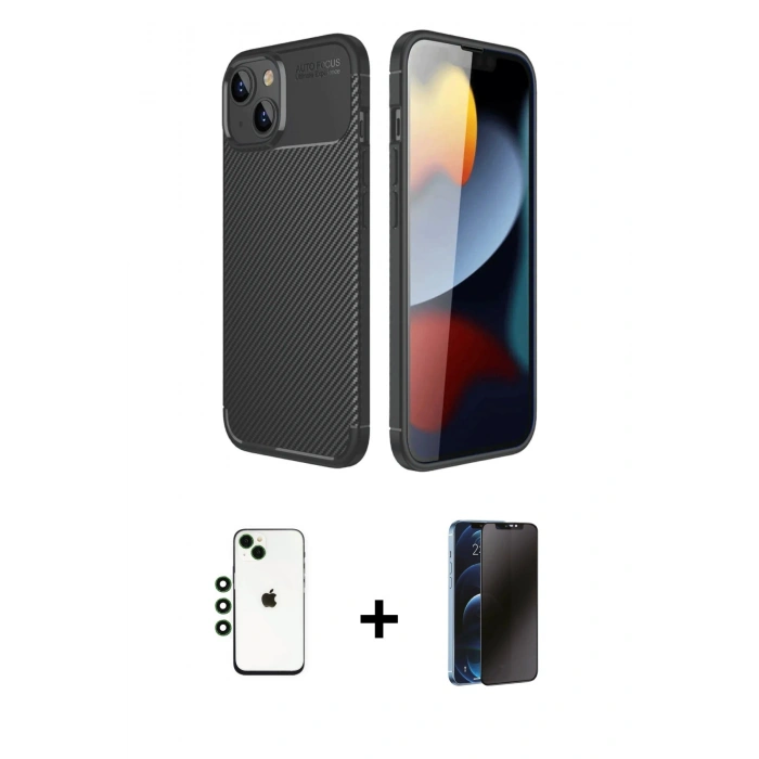 MARSİLYAN™- iPhone 14 Kılıf Eksen Form Prime - Siyah 3D Antistatik Hayalet Cam Ekran Koruyucu + Shine Kamera Lens - YL