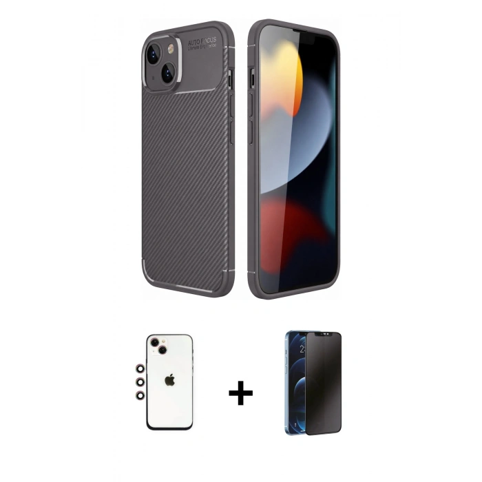 MARSİLYAN™- iPhone 14 Kılıf Eksen Form Prime - Siyah 3D Antistatik Hayalet Cam Ekran Koruyucu + Shine Kamera Lens - GI