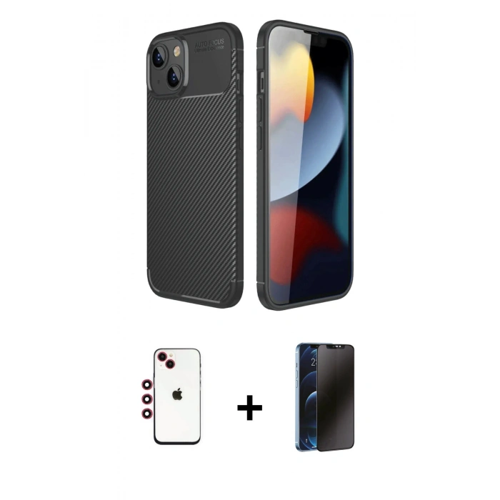 MARSİLYAN™- iPhone 14 Kılıf Eksen Form Prime - Siyah 3D Antistatik Hayalet Cam Ekran Koruyucu + Shine Kamera Lens - KI