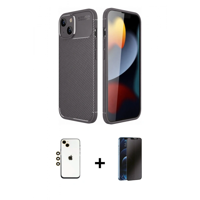 MARSİLYAN™- iPhone 14 Kılıf Eksen Form Prime - Siyah 3D Antistatik Hayalet Cam Ekran Koruyucu + Shine Kamera Lens - GD